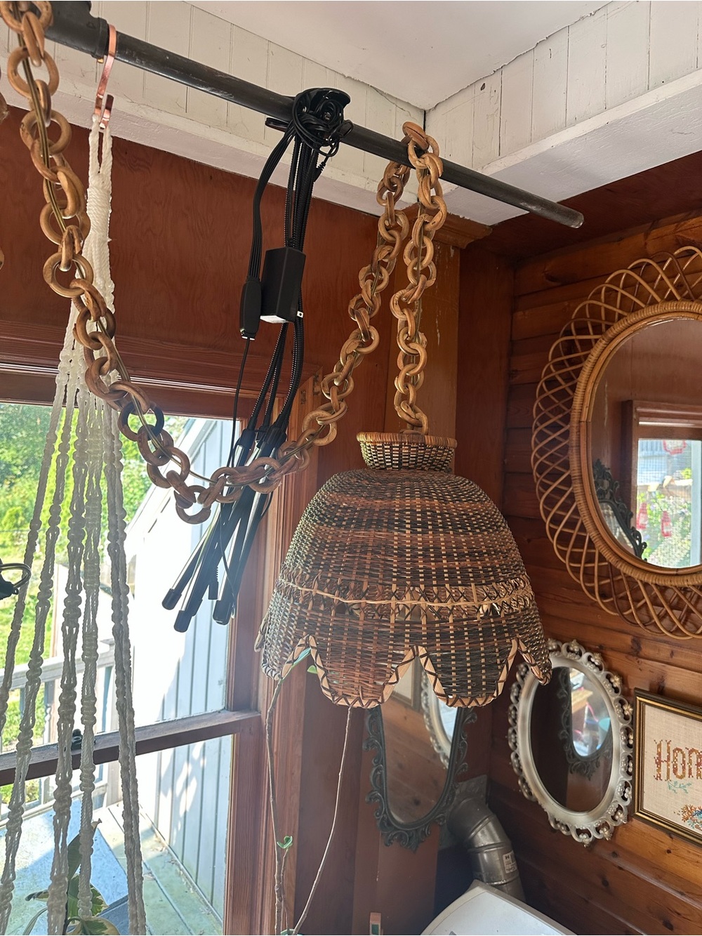 Vintage Woven Wicker Rattan Tulip Pendant Swag Lamp in Brown W Wood Chain